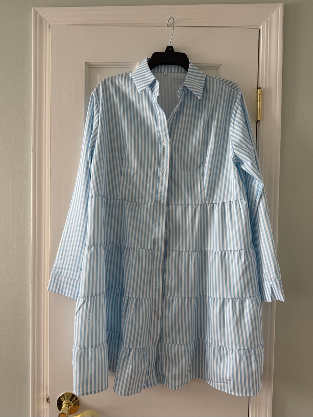 Striped Tiered Button-Up Dress Shirt - Light Blue & White Size large